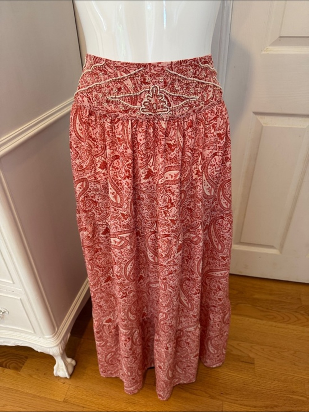 Zara Red Paisley Maxi Skirt with Smocked Waistband